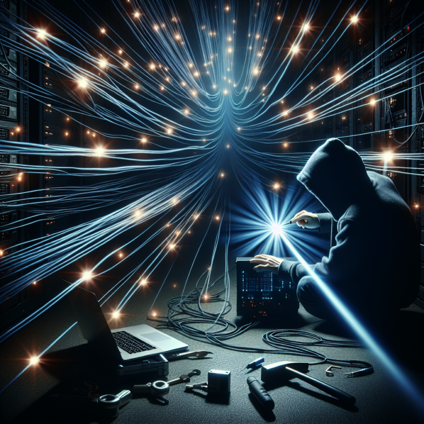 "Illustration of packet sniffing tools capturing and analyzing data packets in a network, depicting how hackers intercept sensitive information during transmission."